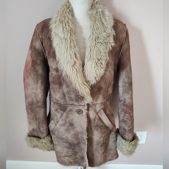 🥰 Vintage Y2K OUTBROOK "Penny Lane" Faux Suede/Faux Fur Overcoat, Distressed, M - Picture 8 of 16